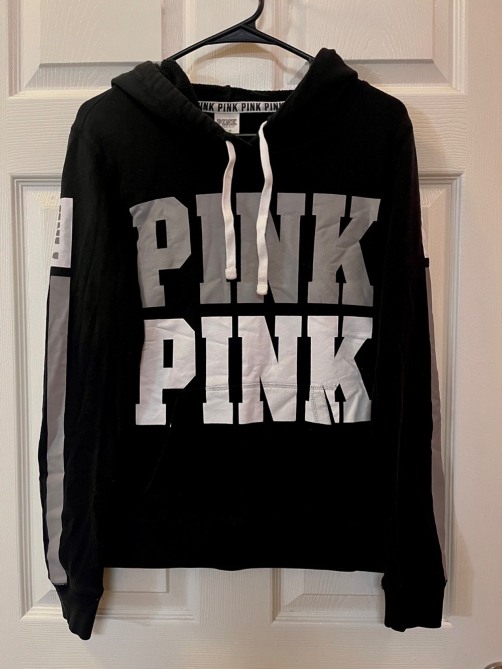 #A PINK Victoria's Secret Black Hoodie White Block Logo